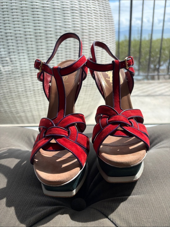 Yves Saint Laurent Shoes - YSL Saint Laurent Tribute Red Suede Knotted T-Strap Platform Sandals- deal! Bag